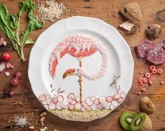 Художница рисует птиц продуктами